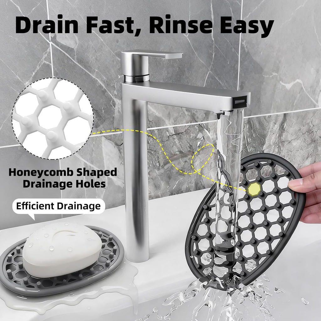 2 Pack Soap Dish for Shower, Non-Slip Silicone Bar Soap Holder with Efficient Drainage Holes for Bathroom Sink, Self Draining Soaps Saver Pad for Shower Niche, Shelf (Black- 2Pcs)