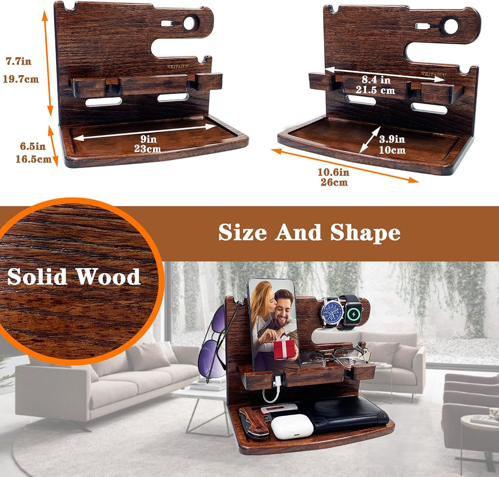 VEIYAILU Gifts for Men Women Dad Husband Son Boyfriend Him Desk or Nightstand Organizer Birthday Gifts Wood Phone Docking Station Anniversary Idea from Wife - Key Holder, Watch (Dark Brown)