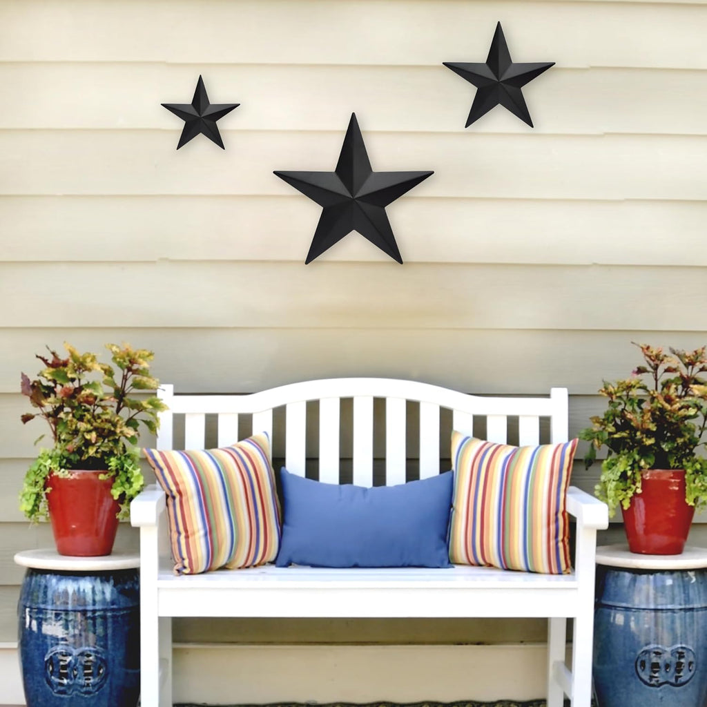 JoyEvy 6" 9”12"（3pieces Black Barn Star Wall Decor,Metal Stars Rustic Vintage Western Country Farmhouse Home Indoor or Outdoor Wall Decoration,Texas Stars for House Art Décor