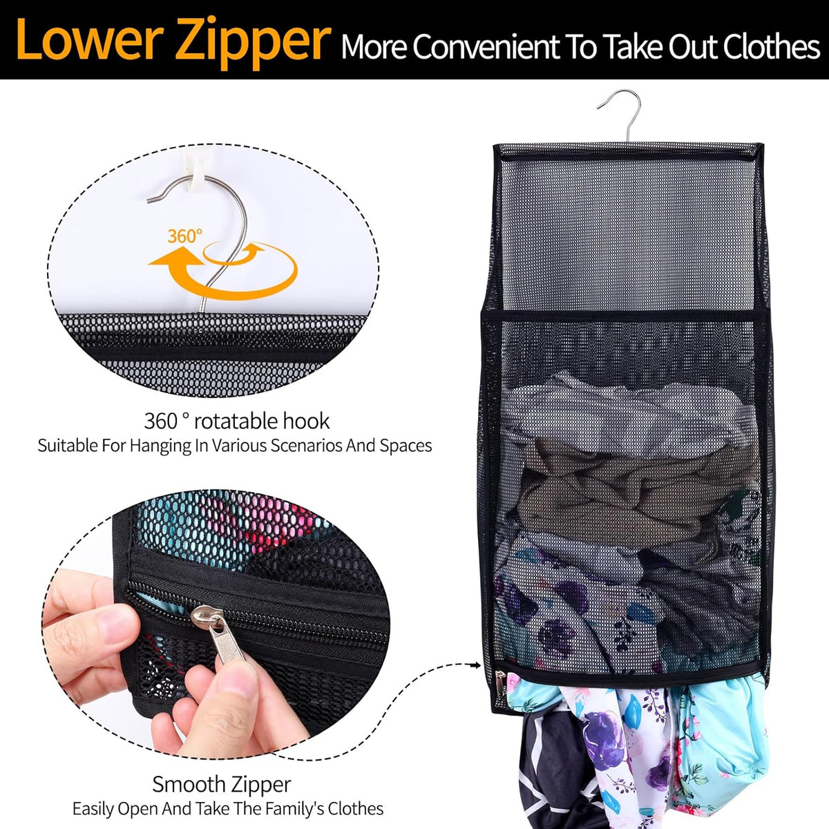 Hanging Collapsible Breathable Mesh laundry bags,Fast Drying Portable Space Saving Laundry Hamper for dorm,Rv Laundry Hamper Storage (Black)