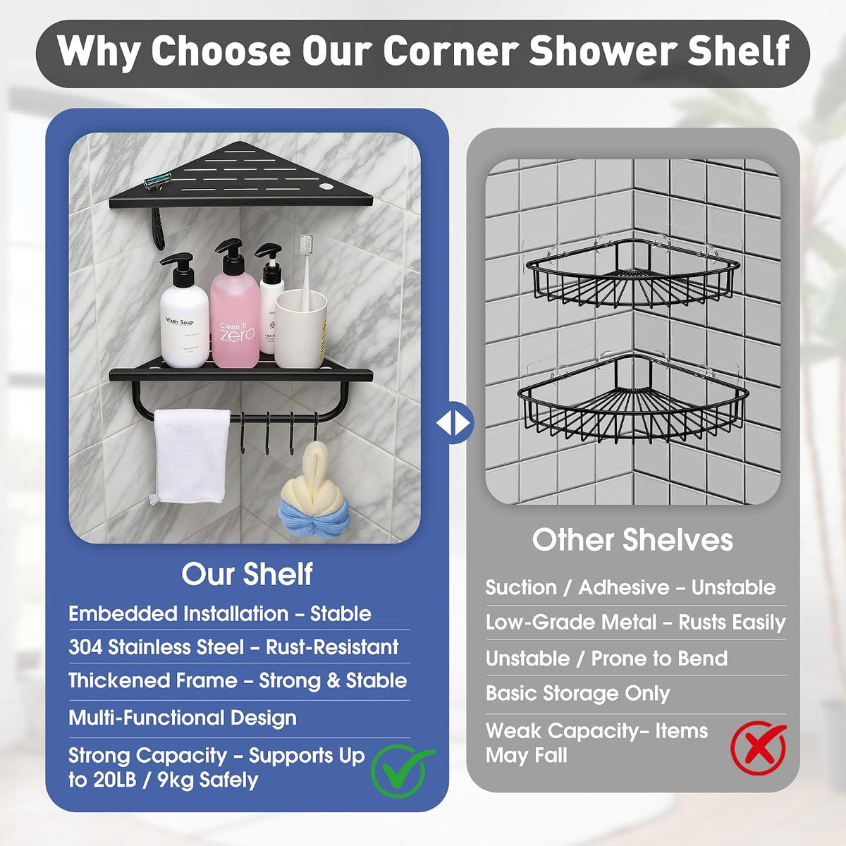Corner Shower Shelf, 10'' Shower Corner Shelf with Towel Bar & Hooks, 304 Stainless Steel Recessed Bathroom Shelves, Grout in Bathroom Shower Shelf for Tiled Wall, 2-Pack (Matte Black)