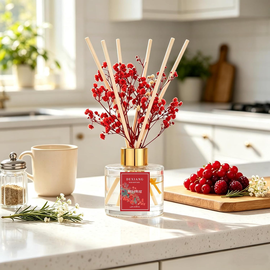 Reed Diffuser Set,3.38 fl oz (100 ml) Red Berries Oil Diffusers with 6 Reed Sticks for Bathroom Shelf Decor Home Fragrance Reed Diffuser