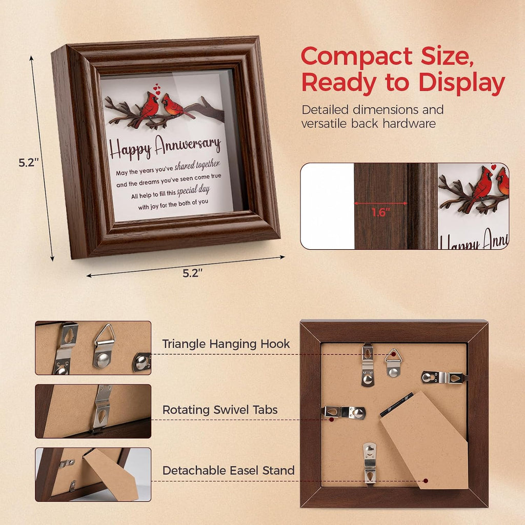 LukieJac Anniversary Cardinal Gifts for Couple - Romantic Anniversario Gift Ideas Wooden Shadow Box Frame for Friends, Sister, Parents, Couples, Grandparents Anniversary Keepsake