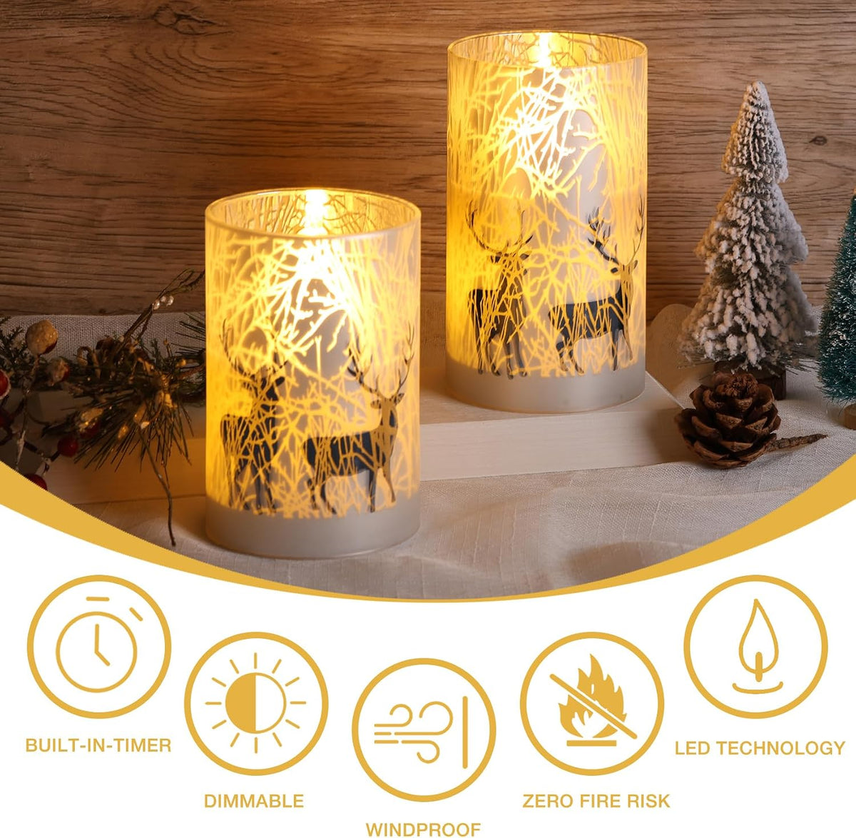 Eywamage Forest Reindeer Glass Flameless Pillar Candles with Remote