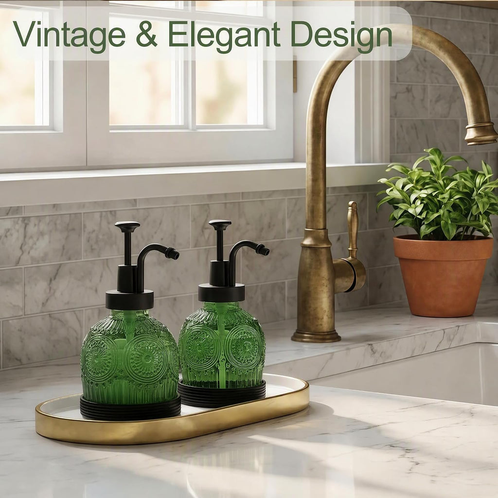 8OZ Vintage Glass Hand and Dish Soap Dispenser Set, Rustic Antique Decor