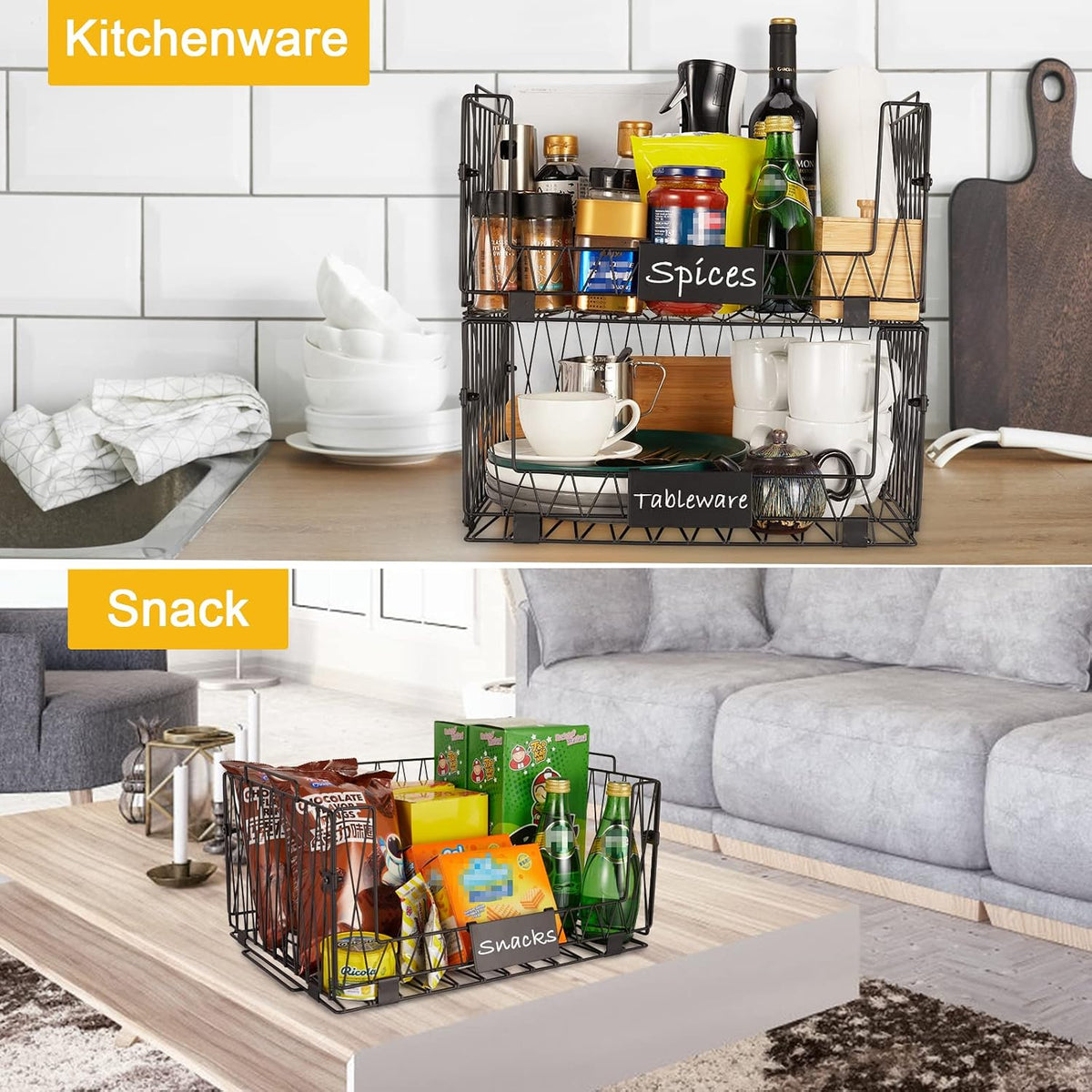 2 PACK XXL Stackable Wire Baskets for Pantry Organization and Storage