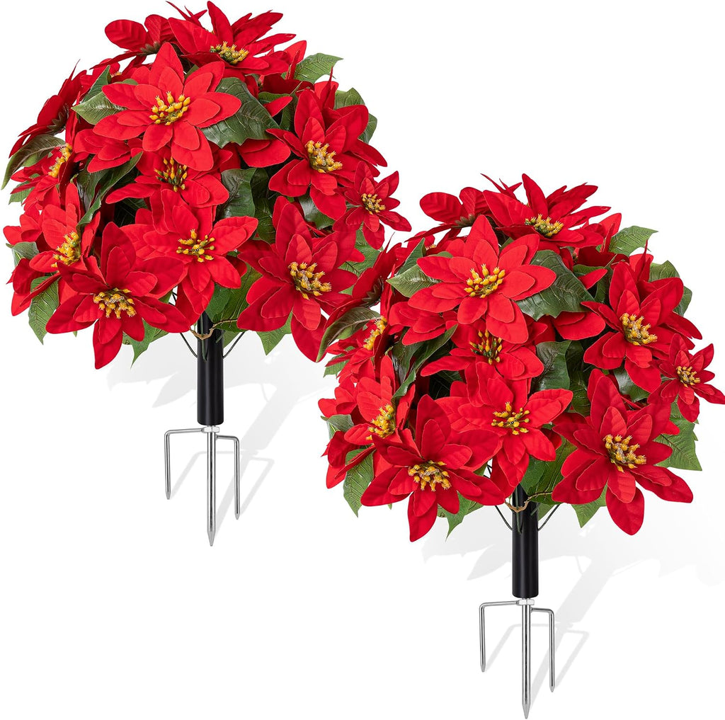 Artificial Christmas Poinsettia Flower Topiary Shrubs, Faux Greenery Ball Bush for Christmas Decoration,24.8" Fake Tree with Ground Spike,UV Resistant Plants for Front Porch Outdoor Decor,Set of 2