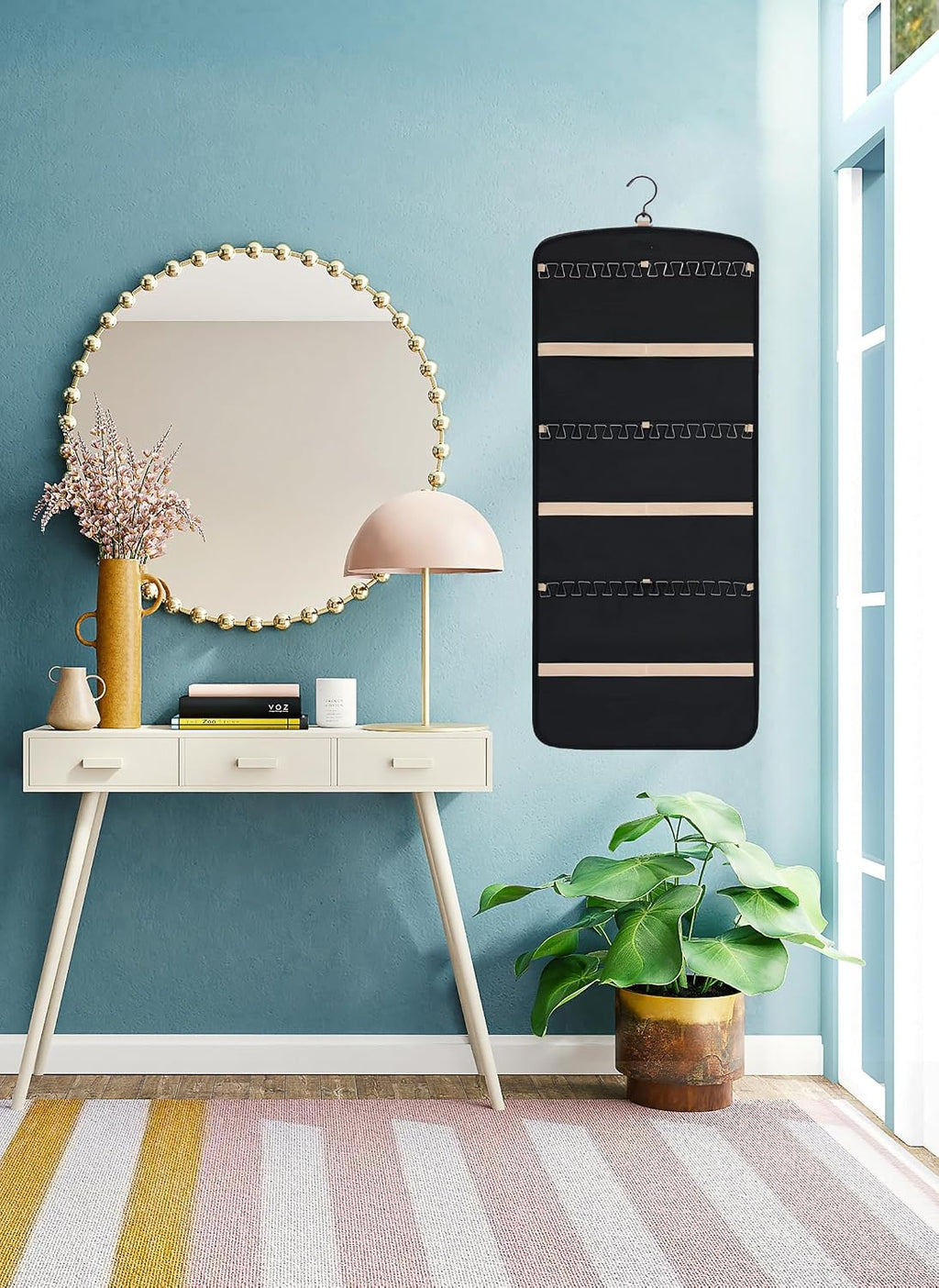 Hanging Jewelry Organizer Doubled-sided with Pockets & Hooks for Rings, Earrings, Necklaces, Hair Accessories Storage Roll, Closet Earring Holder Organizer for Wall, Door, Travel, 1 PCS, Black