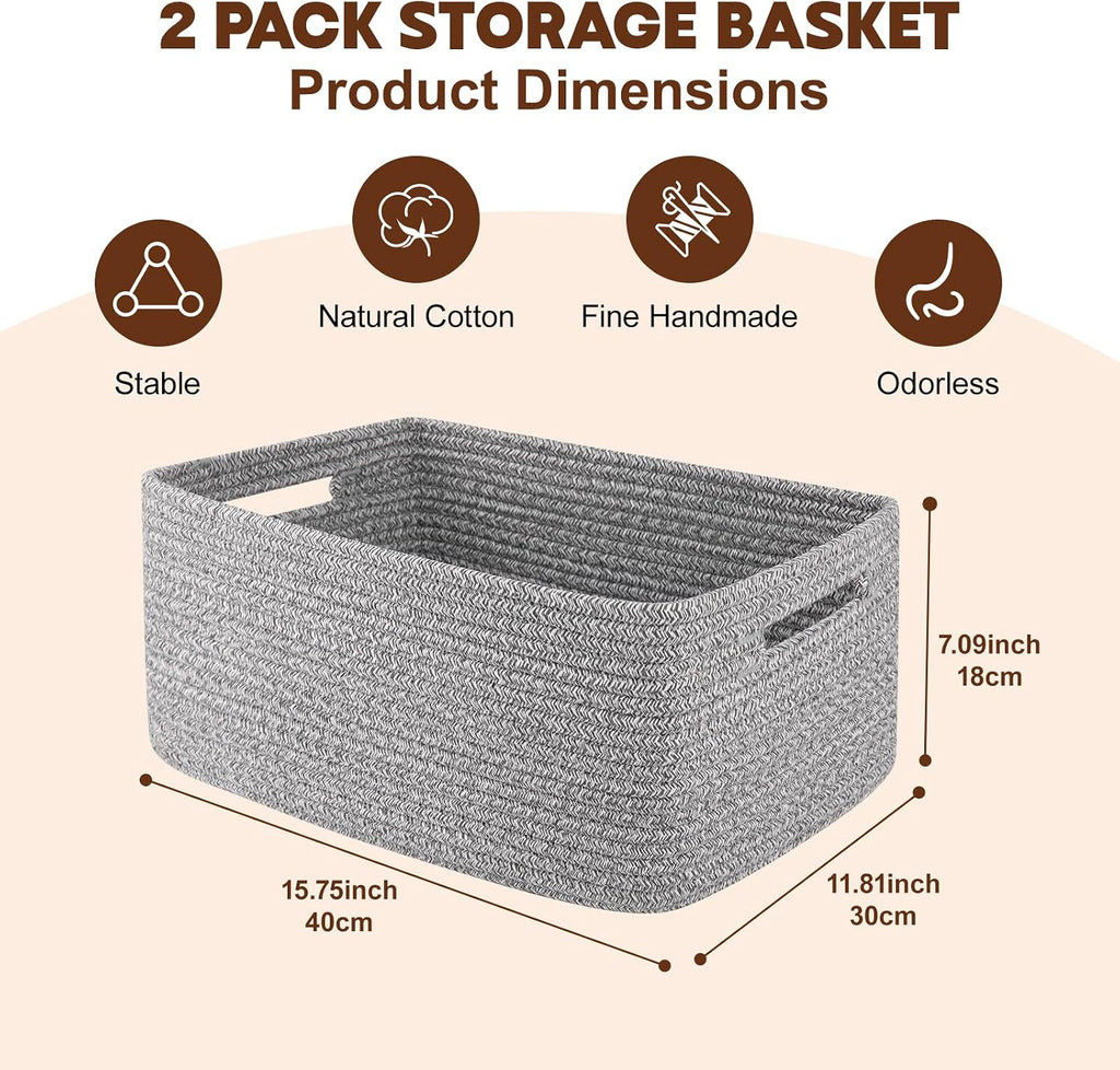 OIAHOMY Storage Basket for Shelves, Closet Cube Storage Bins Baskets for Clothes Blanket Towels, Baby Nursery, Toy Baskets Box, Woven Rope Basket, 15.75 * 11.81 * 7.09 IN, 2 Packs Grey