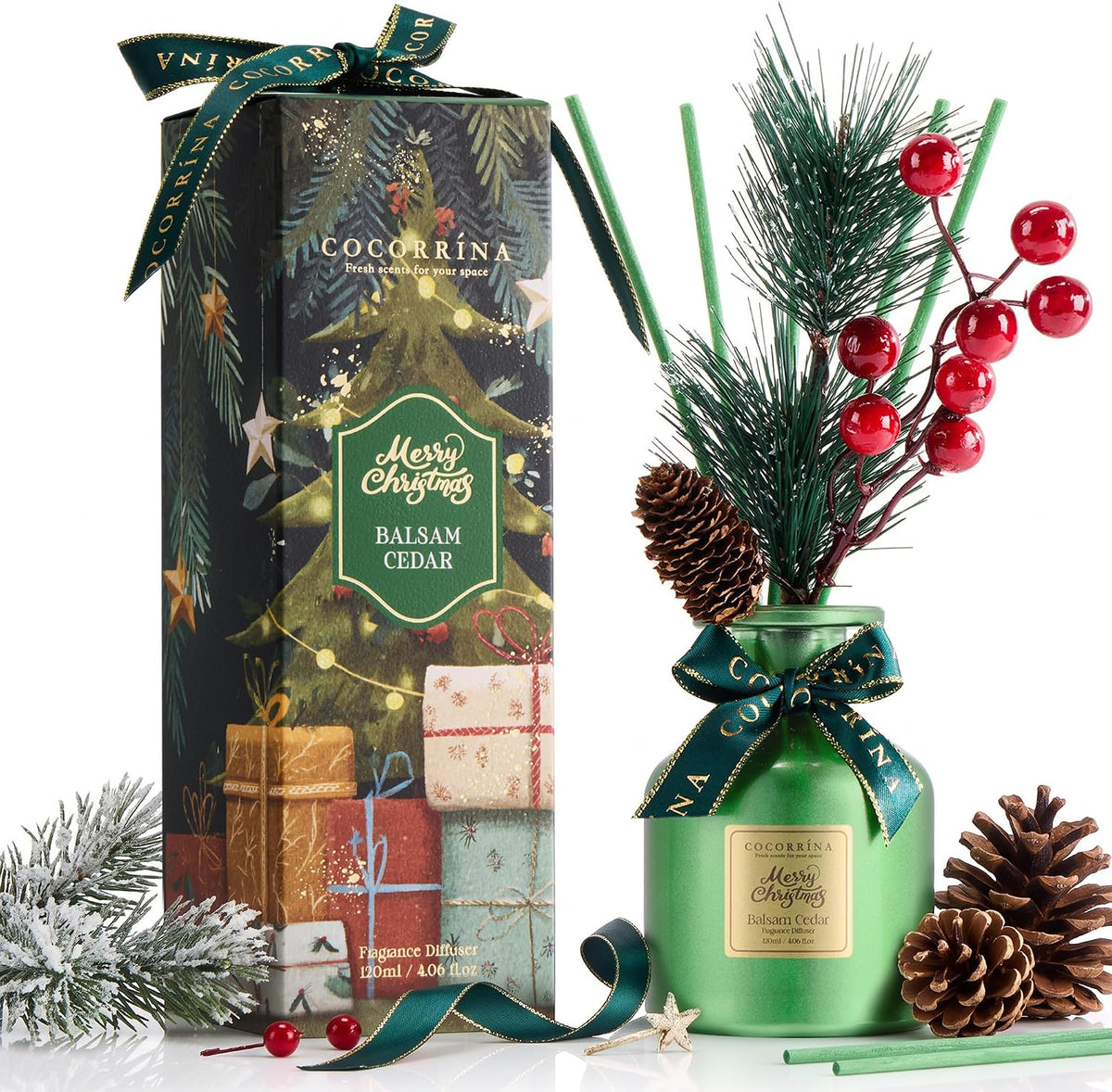 COCORRÍNA Christmas Reed Diffuser Set, Balsam & Cedar, 4.06 fl oz