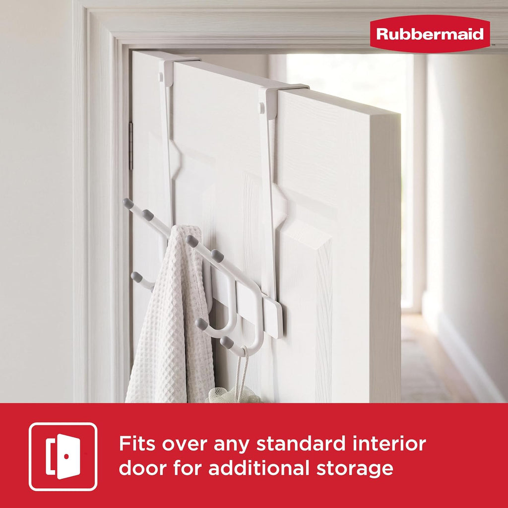 Rubbermaid Over the Door Hook Rack with 5 Double Hooks, No Drill Needed, for Towels, Robes, Hanging Accessories in Bathroom, Bedroom, Closet, Dorm, White