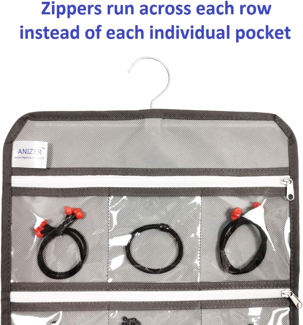 Travel Foldable Jewelry Rolls Bag Hanging Jewelry Organizer with 9 Zippered Clear Pockets Storage Pouch with Rotatable Hanger (GREY)