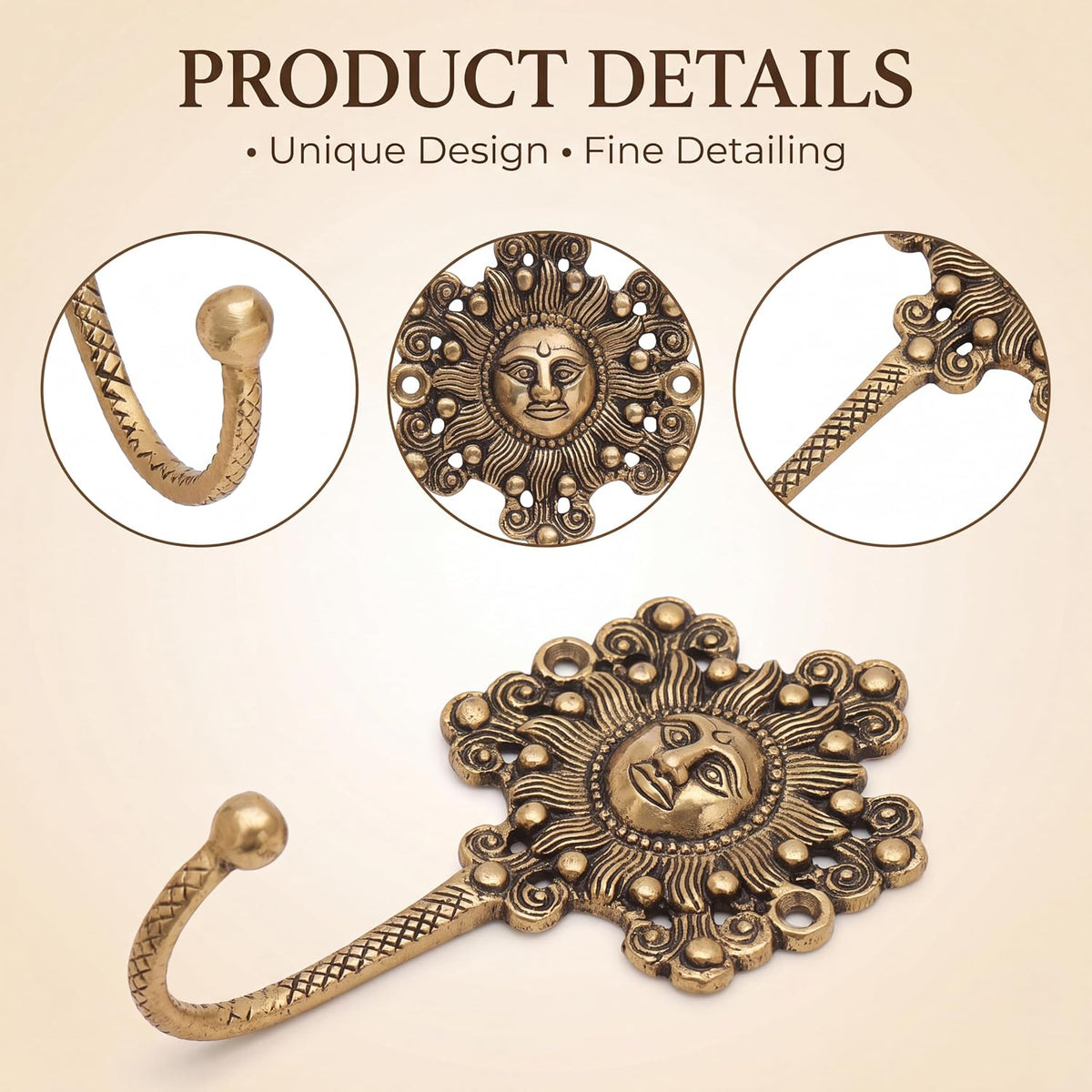 IndianShelf 3 Brass Sunflower Wall Hooks Vintage Gold Coat Key Towel Hanger