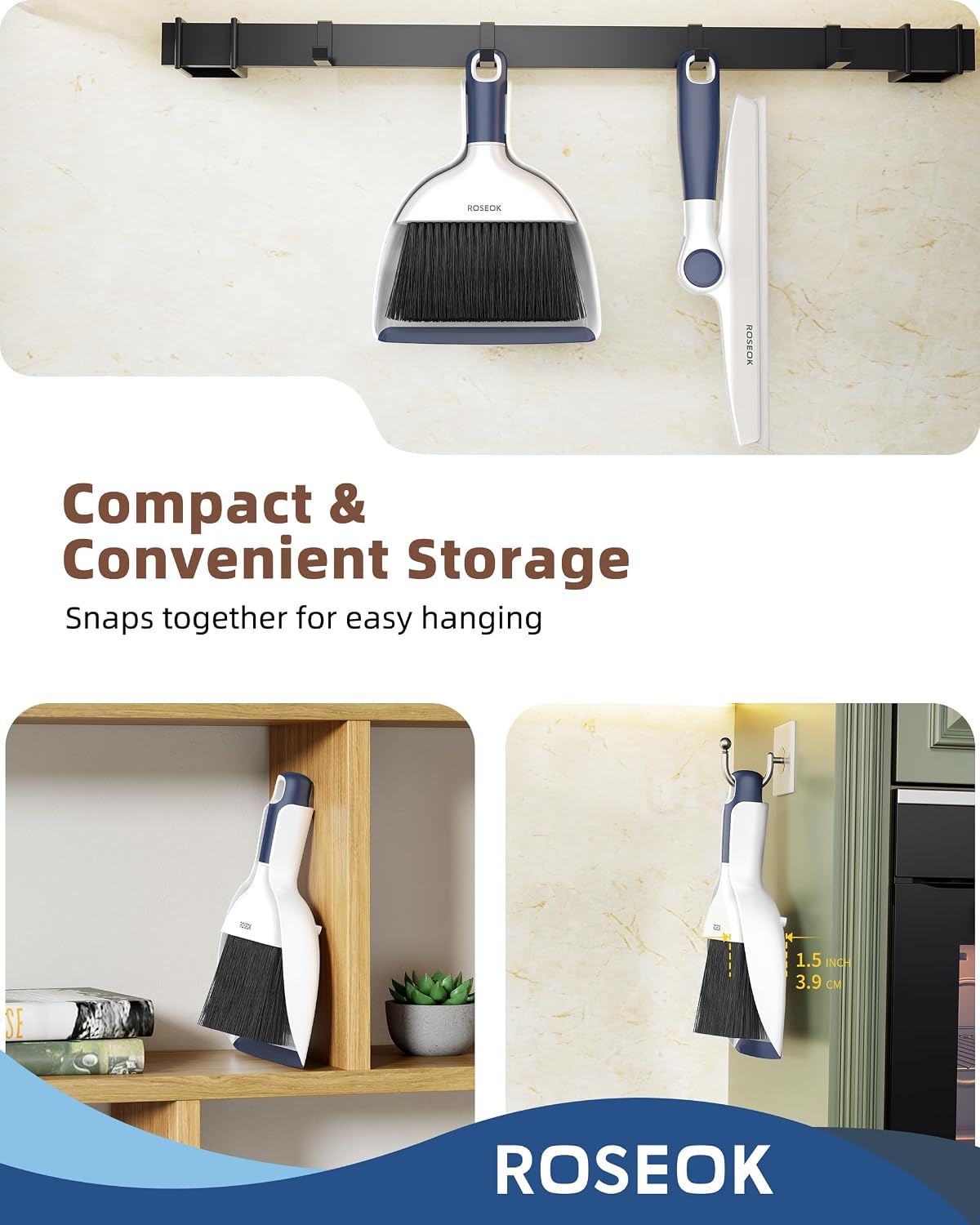 ROSEOK Mini Dustpan and Brush Set, Small Broom and Dust Pan, Navy Blue