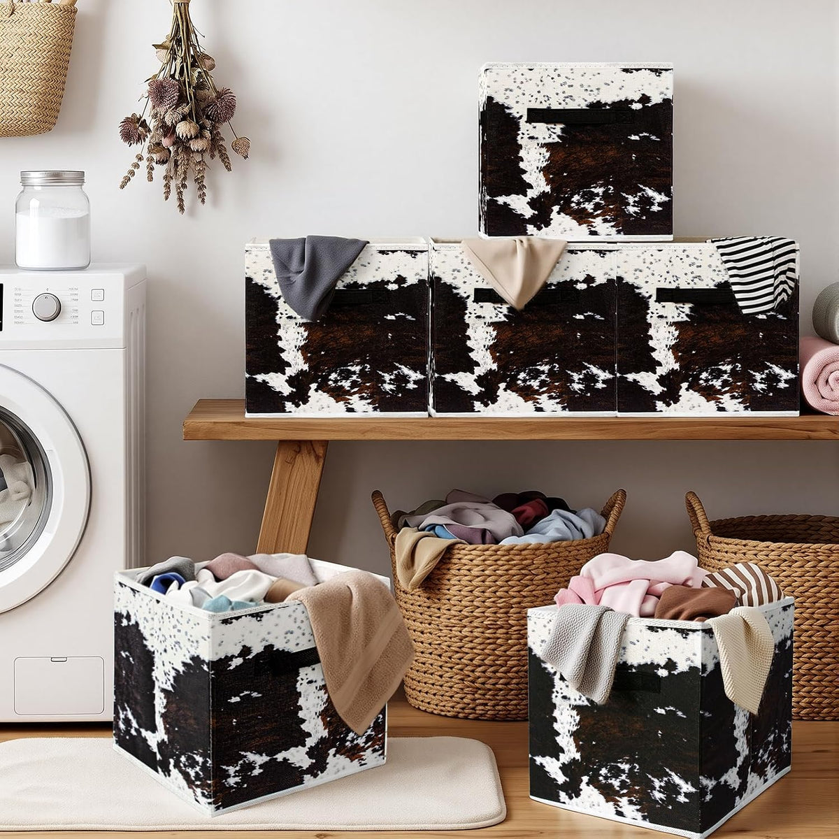 BBSET 6 Pcs western Cow Cube Storage Bins 12.5 inch with Handle