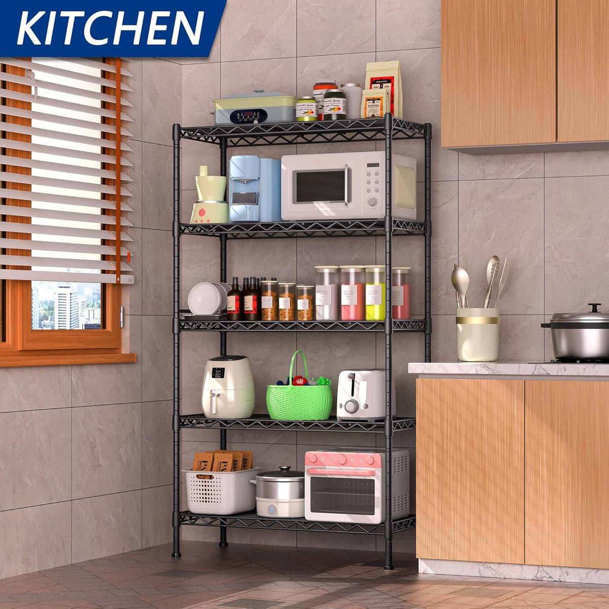 Soywey 5-Shelf Adjustable Heavy Duty Storage Shelving Unit, Metal Organizer Wire Rack for Laundry Bathroom Kitchen Pantry Closet, Black