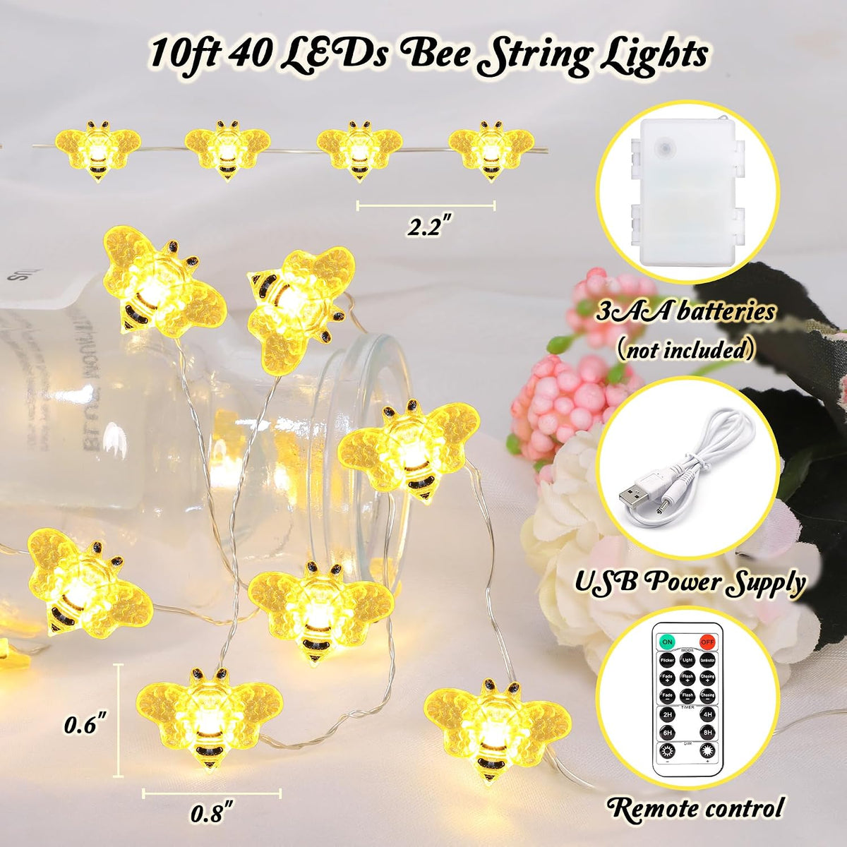 Impress Life Honey Bee Fairy String Lights, 10Ft 40 LED Lights