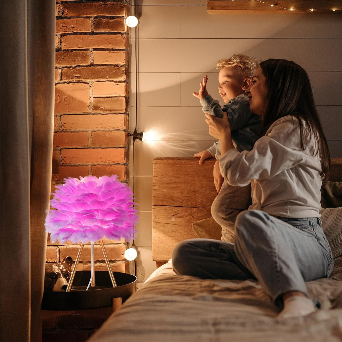 Capslpad Feather Tripod Table Lamp 15.3" Purple Modern Small Bedside Desk Lamp with Gold Finish Nightstand Lamp for Living Room Nursery Bedroom Kids Girls Room Decor