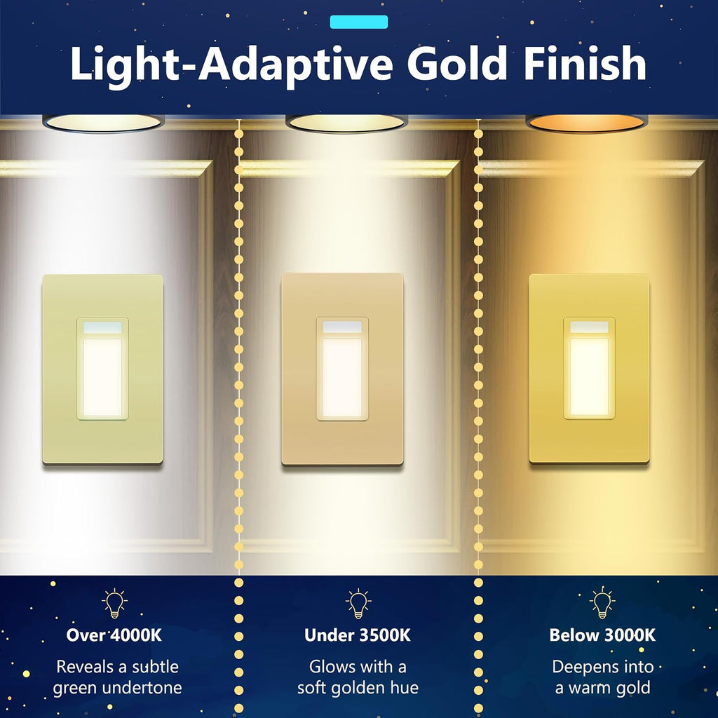 LIDER Full LED Guide Light with PIR Motion Sensor, Night Light, Adjustable Time Delay & Daylight Sensor, 3000K Warm White, Screwless Wall Plate Included, UL Listed, Thermoplastic, Matte Gold, 2-Pack