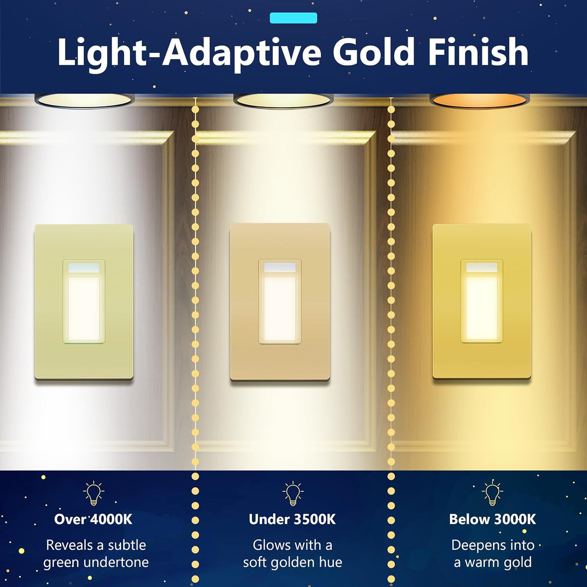 LIDER Full LED Guide Light with PIR Motion Sensor, Night Light, Adjustable Time Delay & Daylight Sensor, 3000K Warm White, Screwless Wall Plate Included, UL Listed, Thermoplastic, Matte Gold, 2-Pack