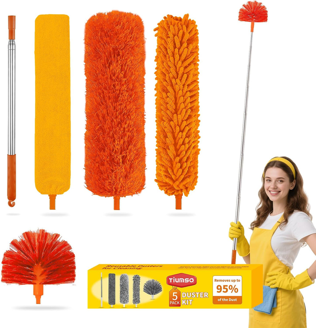Tiumso 5-in-1 Duster with Extension Pole 100” Extendable Dusters for Cleaning Reusable Anti-Spin Dusting Kits for High Ceiling Fans, Cobwebs & Vents, Reinforced Stainless Steel Telescopic Handle