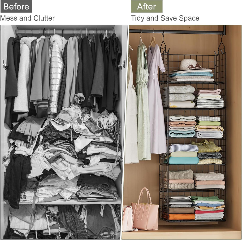 8 Tier Widened Hanging Closet Organizer and Storage Shelves, Metal & Foldable Hanging Clothing Organizer Baskets with Adjustable Dividers for Sweaters Shoes Handbags,Black (D11.81"xW16.14"xH15.35")