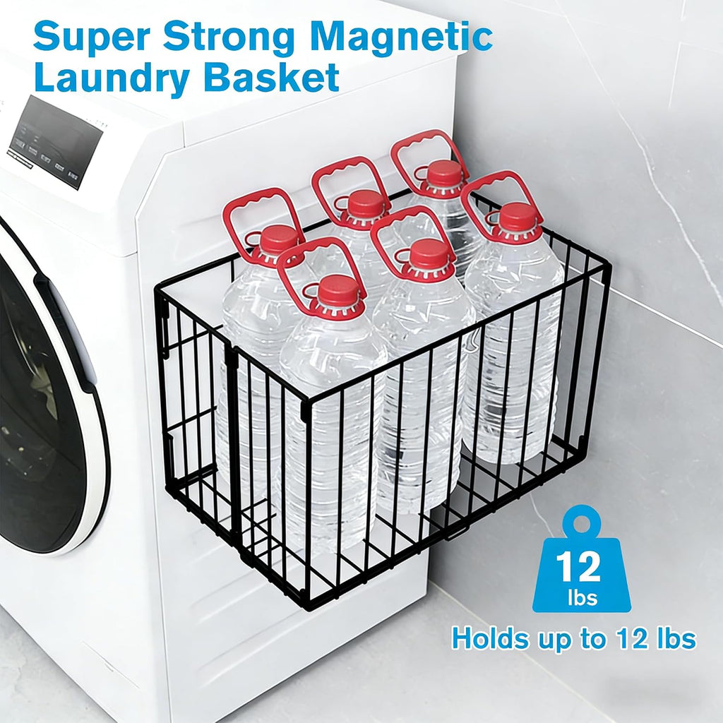 Magnetic Collapsible Laundry Basket, Foldable Metal Laundry Hamper for Washing Machine Side, Space Saving Pop Up Hamper, Laundry Room Organization and Storage (Black)