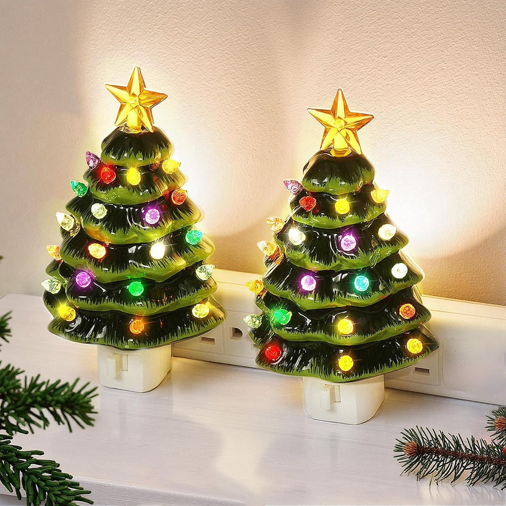 Brightever Ceramic Christmas Tree Night Lights, 2-Pack Plug-in 6" H Vintage Christmas Wall Decor with Multicolor LED Bulbs, 360 Swivel Plug, On/Off Switch, Xmas Tree Nightlight for Bathroom, Bedroom