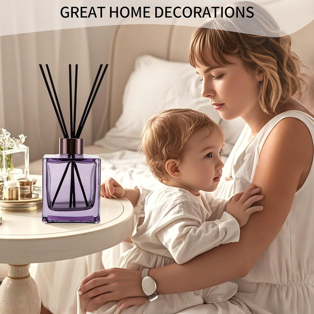 6 Pack Perfume Reed Diffuser Bottle,Empty Square Essential Oil Bottles Glass Jar with Black Sticks for DIY Fragrance Replacement Diffuser Sets (200ml/6.8 oz, Purple Color)