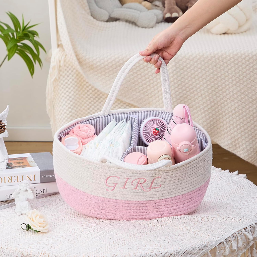 DUHEL Diaper Caddy Organizer with Handle (White＆Pink)