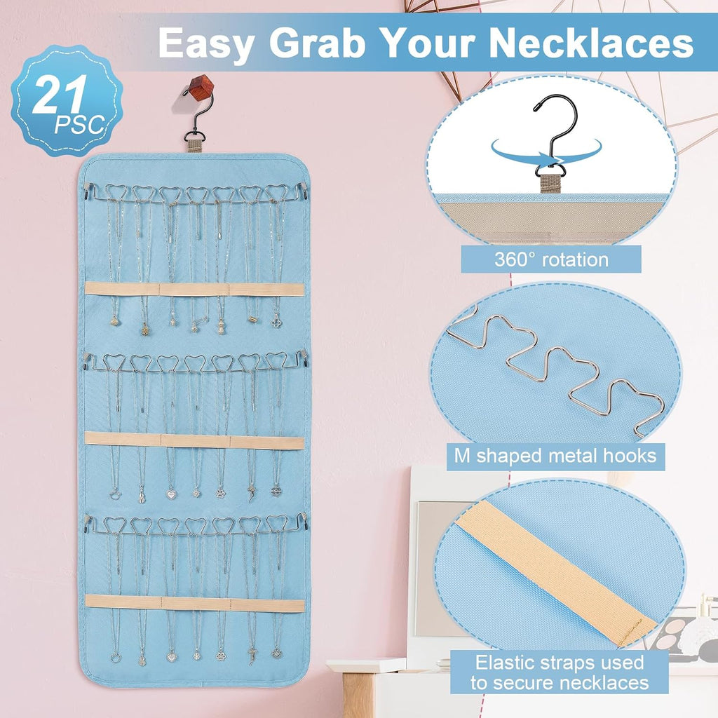 Dynoro Double-Sided Hanging Jewelry Organizer, Large Teal Storage Roll for Earrings, Necklaces, Rings, 48 Pockets 21 Hooks, Durable Oxford Fabric for Closet, Wall, Door, 1 piece, Jewelry Not Included