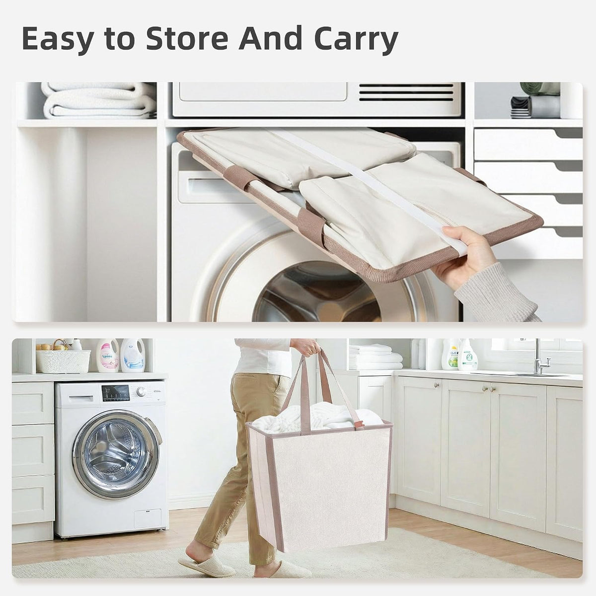 STORAGE MANIAC Collapsible Laundry Basket, 16.9 Gal. Large Pop-up Laundry Hamper with Long Carry Handles, Space-Saving Foldable Clothes Hamper with Bottom Elastic Band, Travel Laundry Bags, Oat Beige