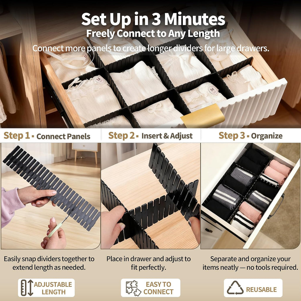 Adjustable Drawer Dividers, Cut-to-Fit DIY Organizers, Black 32 Pack