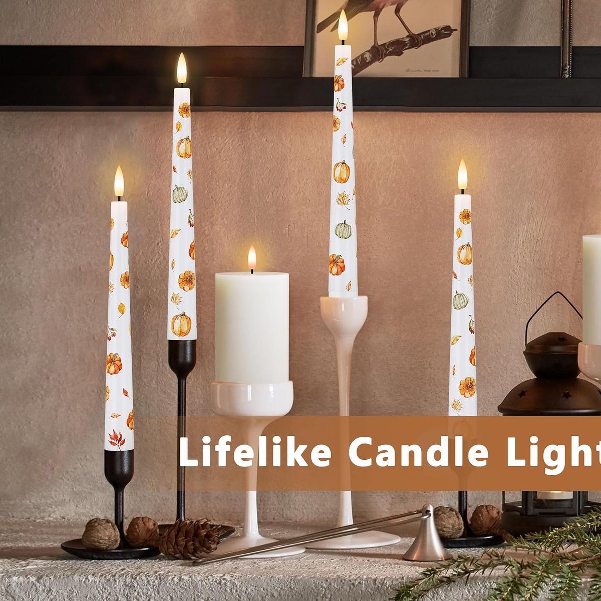 Fall Flameless Taper Candles, Pumpkin & Maple Leaf Battery Operated Candles