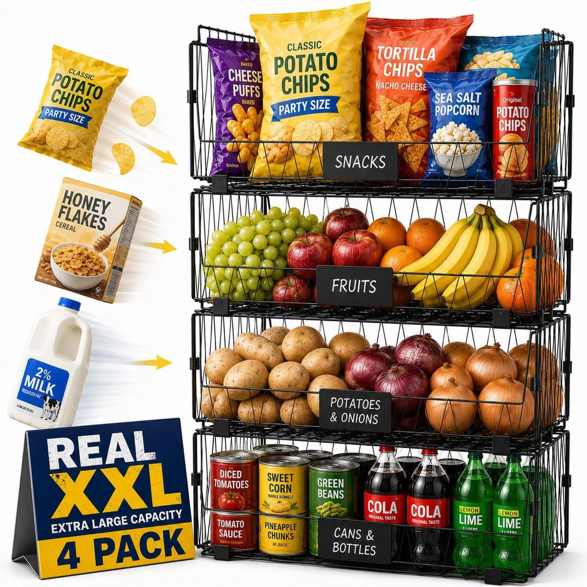 4 PACK XXL Stackable Wire Baskets for Pantry Organization and Storage