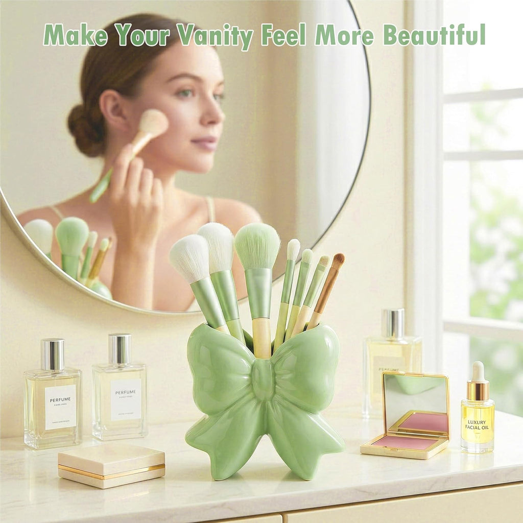 Sage Green Bow Toothbrush Holder, Ceramic Makeup Brush Holder for Bathroom