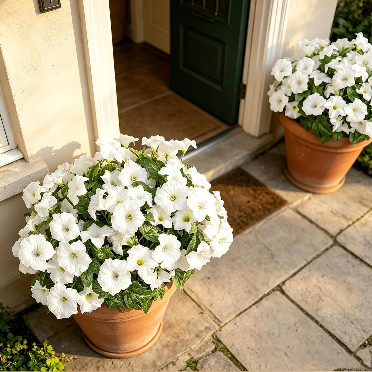 Artificial Flowers for Outdoors, Faux Petunias Spring Summer Decoration, Fake Flowers Plants UV Resistant Look Real Silk Flowers for Outside Planter Front Door Porch Patio Yard (White)