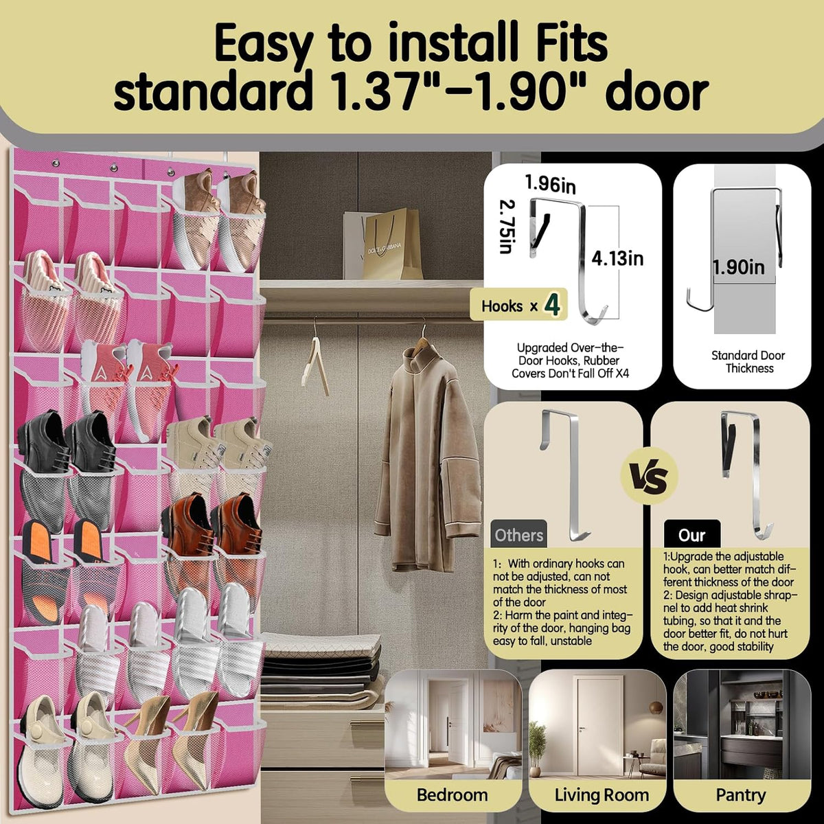 PAULONE 35 Pocket Over the Door Shoe Organizer,Reusable Breathable Large Mesh Bag Men's & Women's Sneaker Organizer,Shoe Organizer for Kids,Hanging Shoe Storage Hanging Bag (Pink)