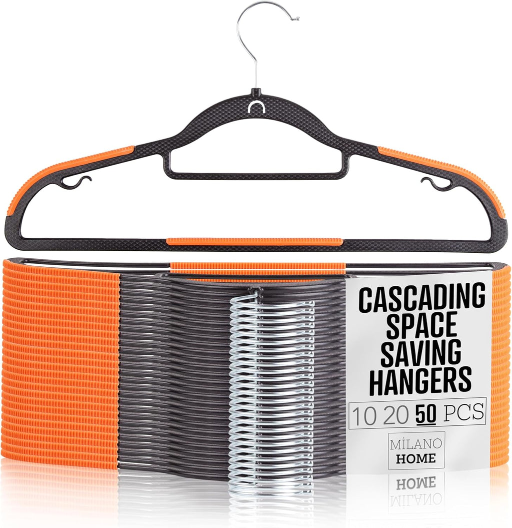 Plastic Hangers 50 Pack, Cascading Slim Space Saving Clothing Hangers with 360° Rotating Hook, Non Slip Clothes Hangers for Sweater Shirt, Heavy Duty Coat Hanger with Inner Hook for Closet, Black