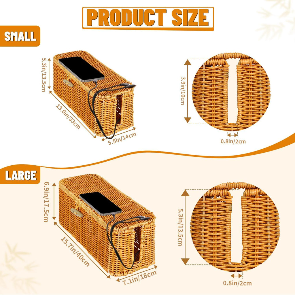 2 Pcs Handwoven Rattan Cable Management Box,Cord Organizer Box with Lid,Open-Slot Cord Hiding Basket,Decorative Storage Box for Hiding Computers, Tv, Power Sockets, USB Hubs（Orange）