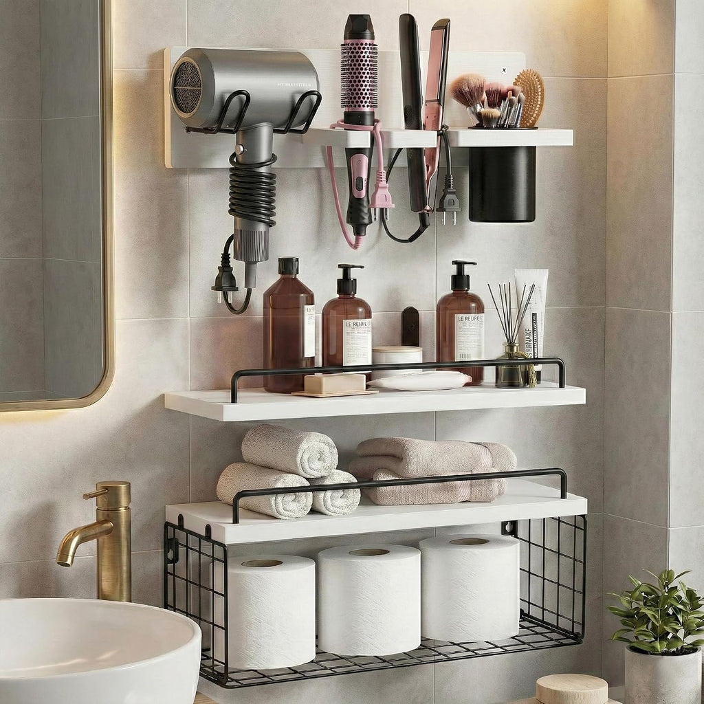 3-Tier Bathroom Floating Shelves with Hair Dryer Holder, White