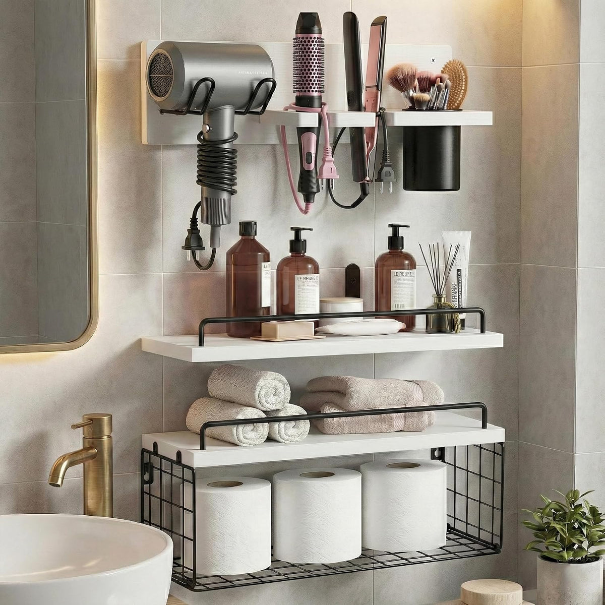 3-Tier Bathroom Floating Shelves with Hair Dryer Holder, White