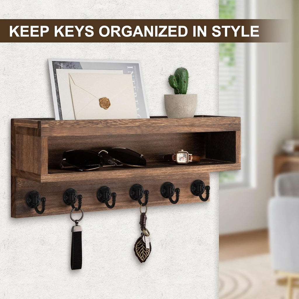 Key and Mail Holder Wall Mount with Long Storage Box and 6 Hooks