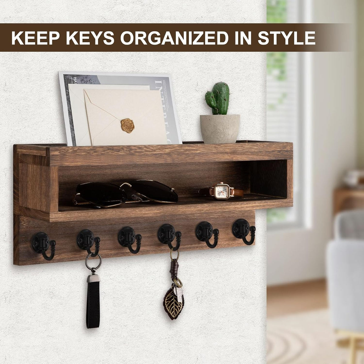 Key and Mail Holder Wall Mount with Long Storage Box and 6 Hooks