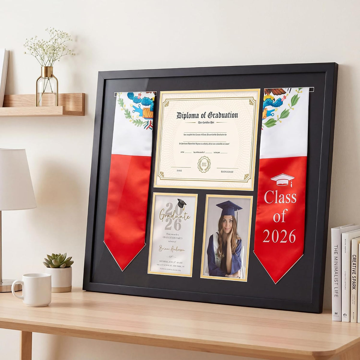 Graduation Shadow Box Frame 26x20 Inch, Display Regalia Stole & Certificate & Photos, Wall Mountable Keepsake Case with Tempered Glass, 8.5x11 for Diploma, 5x7 for Pictures, Black MDF