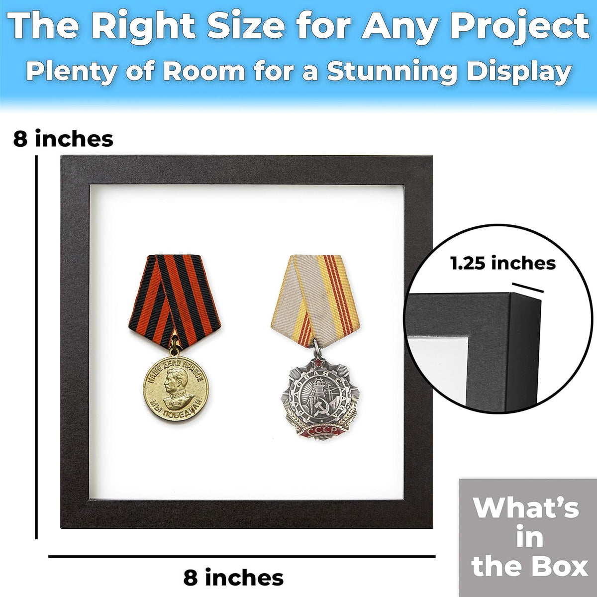 Super-Sturdy 8x8 Shadow Box Frame 1pk – MDF Display with Real Glass. Best Shadowbox to Showcase Photos, Tickets, Wedding Bouquets, CDs, Medals, Awards, and Insects (1, Display Black)