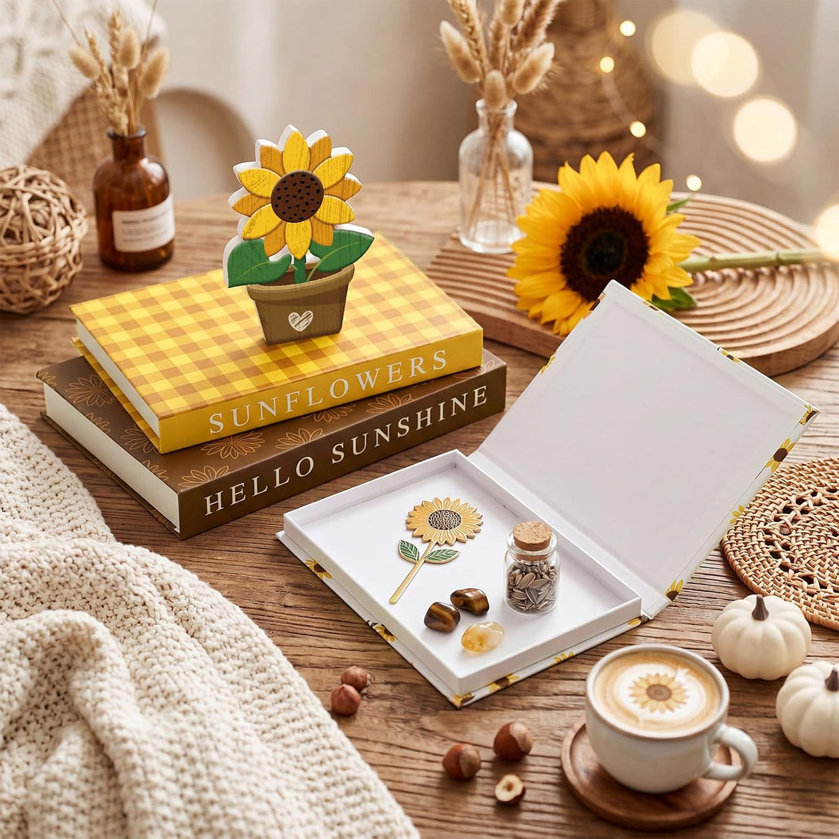 Thyle Sunflower Decorative Faux Books Set, Paper Magnetic Storage Boxes