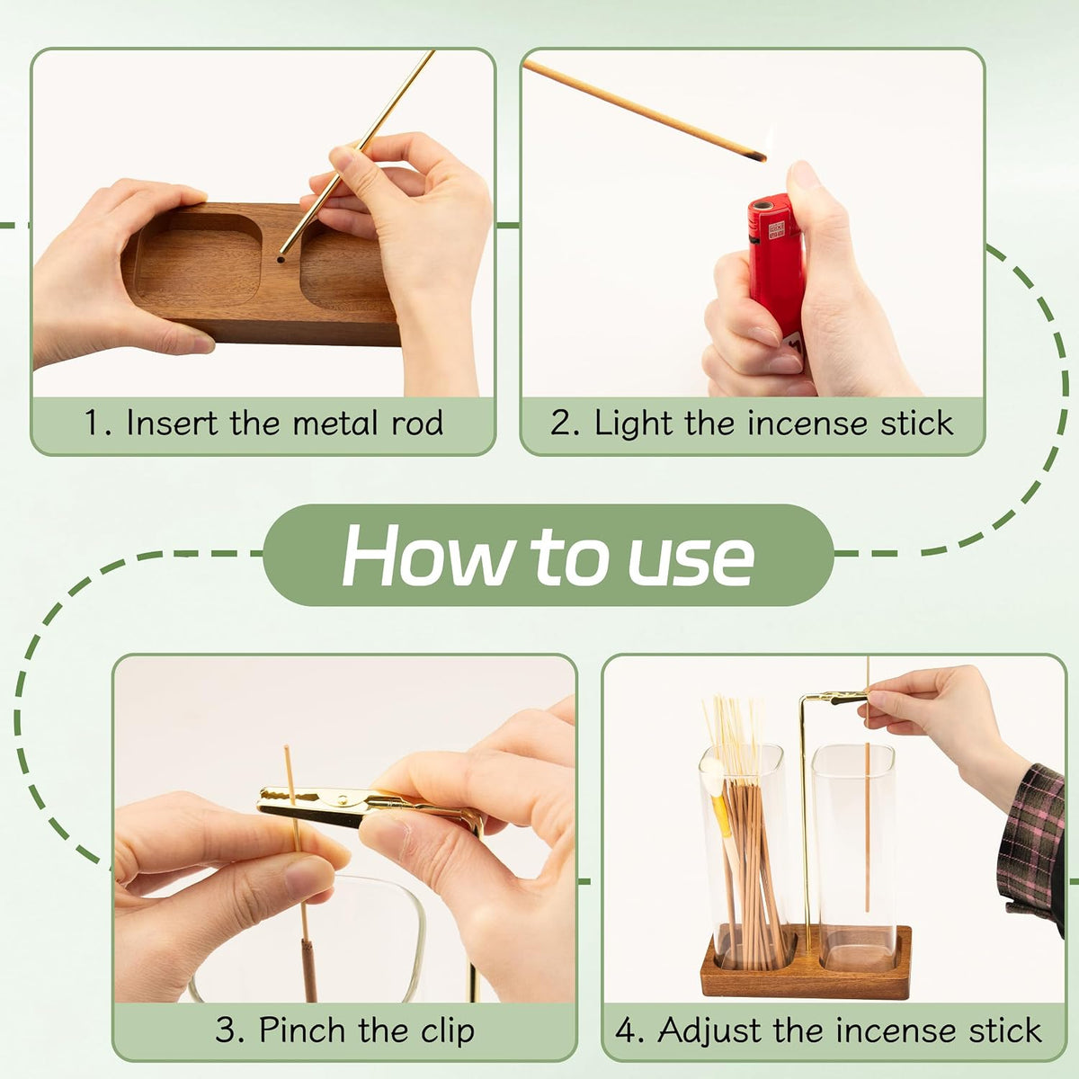 Incense Holder for Sticks, 2 in 1 Incense Burner with Glass Jars, Upside Down Incense Holder with Ash Catcher & Storage for Meditation Yoga Spa Home Decor with 20 Incense Sticks & Brush