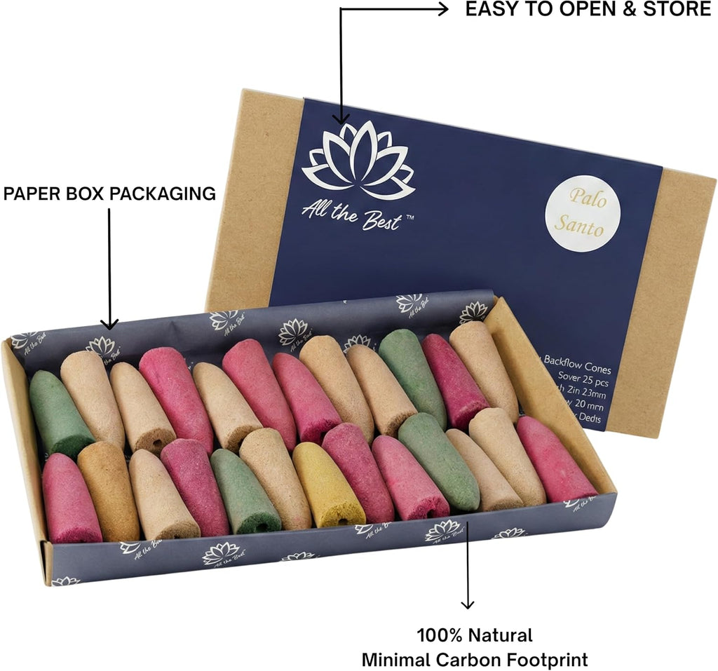 All the Best Premium Backflow Incense Cones Gift Box - 25 Large Waterfall Cones for Backflow Burner, 2 Inch Hand-Rolled, 30+ Min Burn, Meditation, Aromatherapy, Yoga & Reiki (Palo Santo)