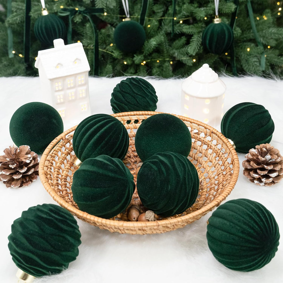 Hismir 12 Pcs 3.15 Inch Velvet Christmas Tree Ornaments Bulk Flocked Balls